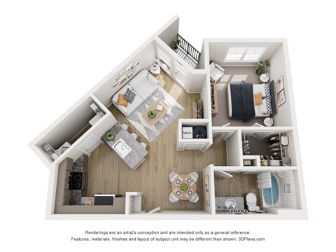 A 3D floor plan of a house with a kitchen, living room, and bathroom.